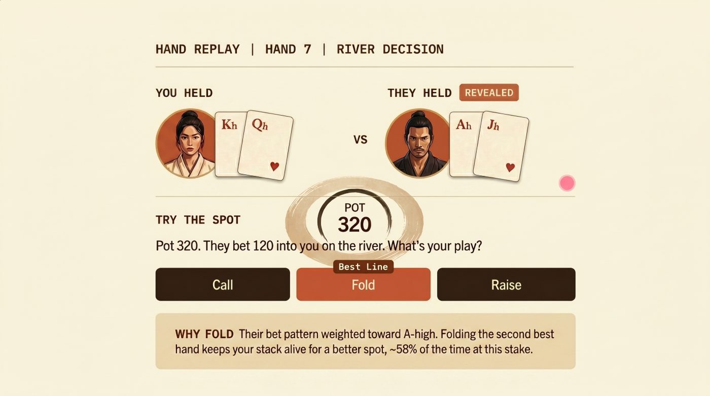 Dojo Poker spot review — King-Queen of hearts versus Ace-Jack of hearts on the river, with a Fold verdict and a why-fold explanation